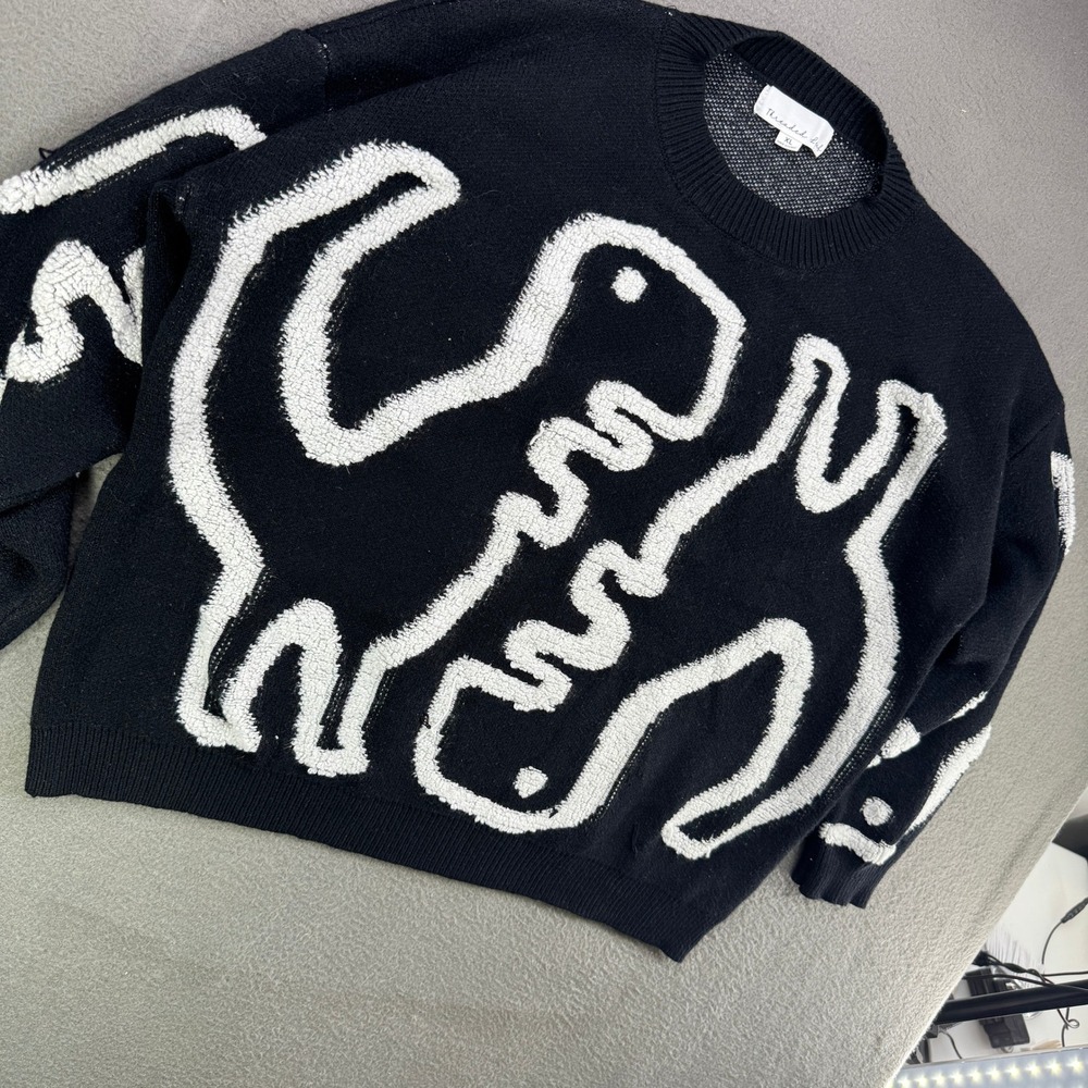 Threaded Leaf Dinosaur Sweater Unisex XL Cozy Graphic Crewneck Knit Black White - Picture 8 of 8